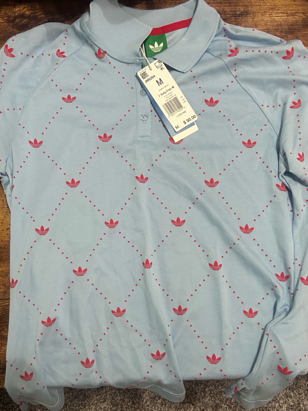 adidas Light Blue Polo with Pink Trefoil Diamond Print